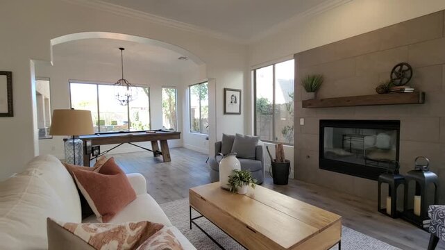 Contemporary living room with sofa and distant billiards table