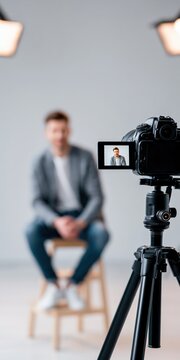 Recording video of a smiling man in a studio setting for vlogging or interview content creation