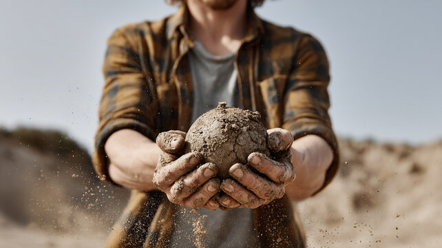 Muddy hands shaping wet terracotta clay sphere in outdoor earthwork, rustic artisan molding with gritty texture and motion