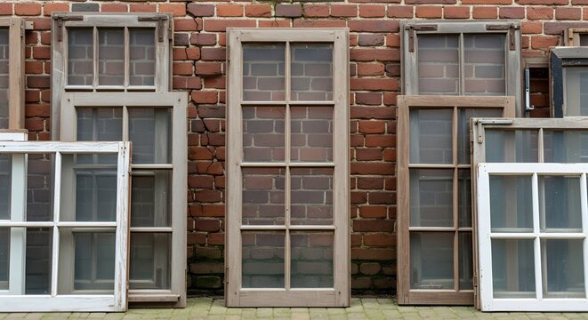 Collection of vintage wooden window frames with glass panes leaning against a brick wall