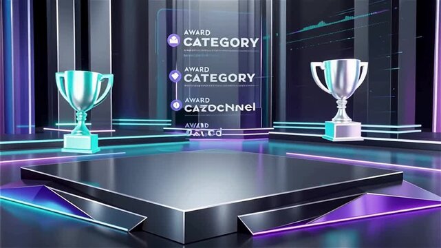 Futuristic award ceremony stage with glowing trophy and digital interface display in neon lighting