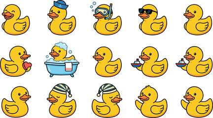 Cute yellow rubber duck vector collection featuring cartoon bath toy icons in various poses including swimming diving sleeping wearing sunglasses and taking a bath © MdShakib