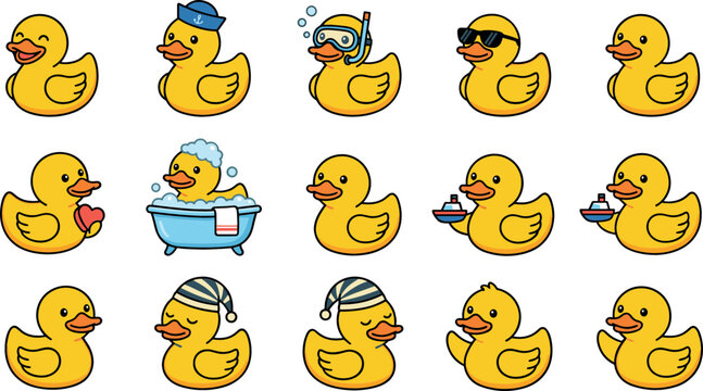 Cute yellow rubber duck vector collection featuring cartoon bath toy icons in various poses including swimming diving sleeping wearing sunglasses and taking a bath