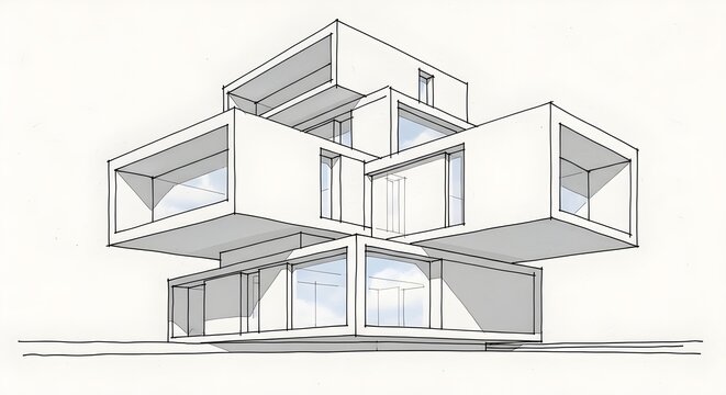 Architectural sketch showcasing a dynamic modern building design, featuring a striking composition of interconnected cubic volumes and sophisticated contemporary lines