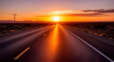 Fototapeta premium A solitary road stretches towards a vibrant sunset, casting a warm glow over the vast, open landscape