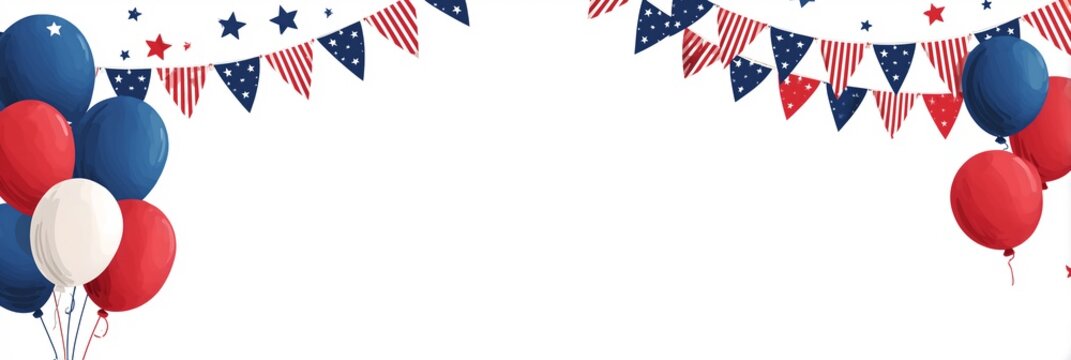 Patriotic bunting pennant flags and red white blue balloon header border, horizontal USA festive frame for Independence Day card, USA 4th July Independence Day