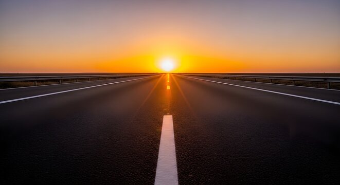 Endless straight road disappearing into the distant horizon where the glowing sun sets, casting warm light and symbolizing a clear path and future journey