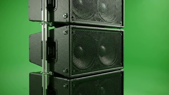 Stacked Professional Audio Speakers Against Vibrant Green Screen Background For Music Production And Event Technology