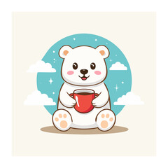 Fototapeta premium Cute polar bear holding a red cup of coffee