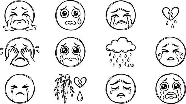 Hand drawn sad emoji vector icons set featuring crying faces broken heart rain cloud and weeping willow in doodle sketch line art style