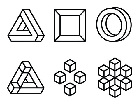 A collection of black and white geometric optical illusions and impossible shapes on a clean white background