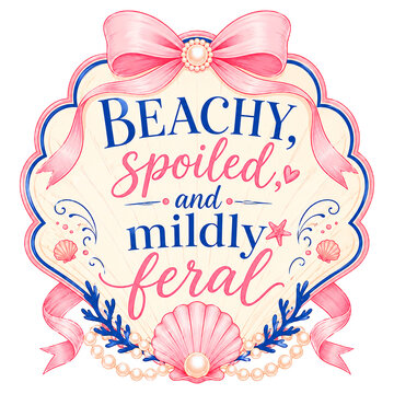 Beachy, spoiled, and mildly feral. Playful coastal coquette quote design with scallop shell frame, pink bow, pearls and navy accents. Trendy girly beach typography for shirts, stickers and prints