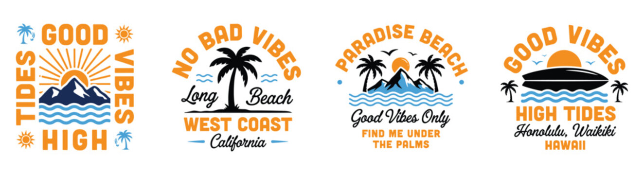 Surf Vector Collection Featuring Waves, Palm Trees and Sunset Landscapes, Ideal for T-Shirt Designs, Coastal Graphics and Summer Branding