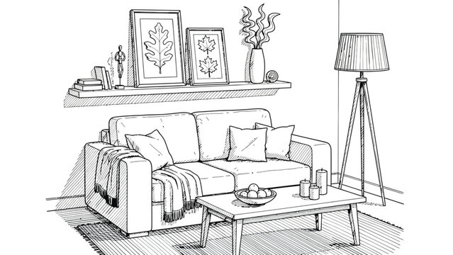Modern cozy living room interior sketch with comfortable sofa throw blanket cushions shelf pictures floor lamp coffee table with fruits candles carpet decor.