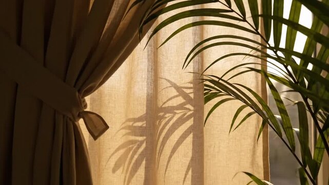 Green palm plant standing in front of window with beige curtains and warm sunlight casting shadows
