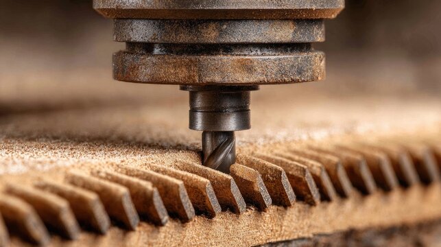 Close-Up View of Woodworking Machine Bit Carving Intricate Patterns into a Plywood Surface in Workshop Environment with Dust Particles in Air