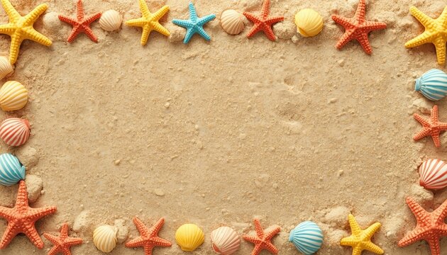 Starfishs and seashells arranged in a circle on a sandy beach
