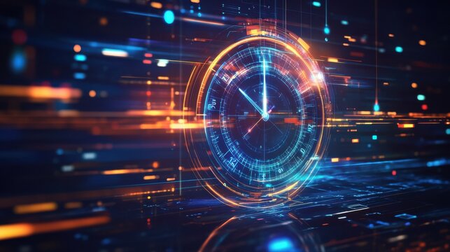 Futuristic digital clock concept with glowing particles and motion blur background representing speed of time
