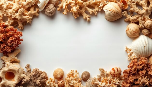There is a frame made of shells and corals on a white surface