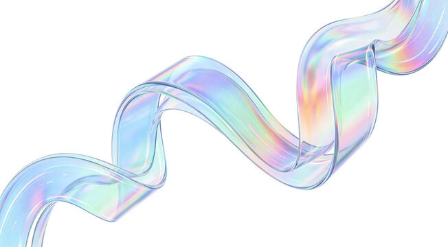 Abstract holographic iridescent glass ribbon or liquid wave shape with colorful pastel spectrum reflections creating a futuristic flowing design element on transparent background.