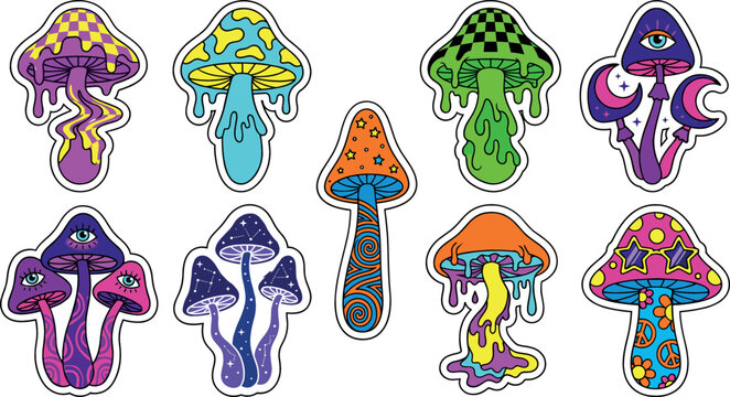 Psychedelic mushroom sticker vector set featuring neon trippy mushrooms with checkerboard patterns melting slime &uuml;&ccedil;&uuml;nc&uuml; g&ouml;z stars and groovy hippie aesthetic designs