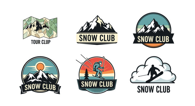 Set of vintage snow club logos featuring mountain peaks, skiers, and snowboarders with retro typography and sunset backgrounds.
