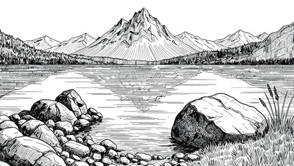 Scenic mountain lake landscape with jagged rocky peaks forest shoreline large boulders in foreground clear water reflection serene nature wilderness sketch view. © hossain