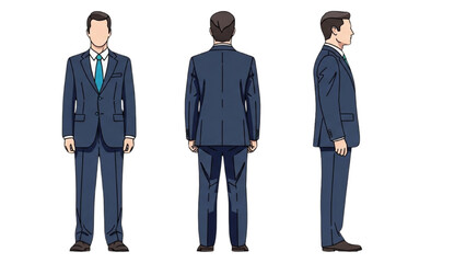 Businessman in blue suit illustrated from front back and side views © Stock Image Paradise
