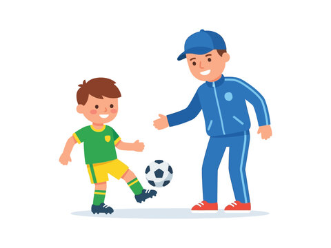 Soccer coaching vector illustration featuring trainer guiding young player during football practice