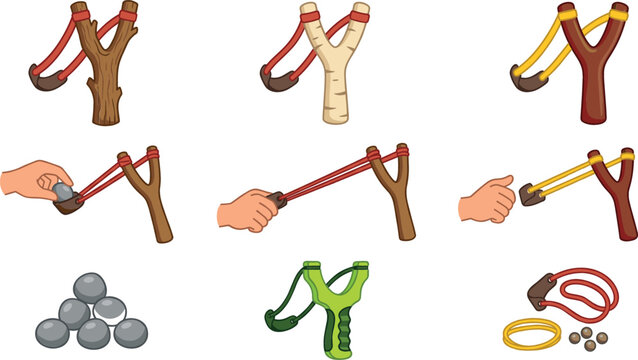 Slingshot vector icons set featuring wooden and plastic hand catapults stretched rubber bands aiming hands stone ammunition and replacement parts for hunting games