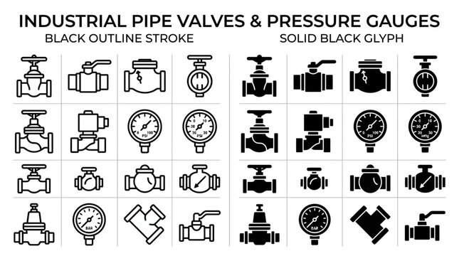 Industrial pipe valves and pressure gauge icons set in outline and solid glyph styles, perfect for engineering diagrams, technical schematics and pipeline manufacturing presentations