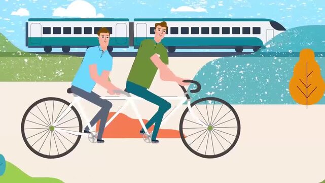 Two Friends Riding a Tandem Bicycle on a Scenic Path Near a Speeding Train Animation