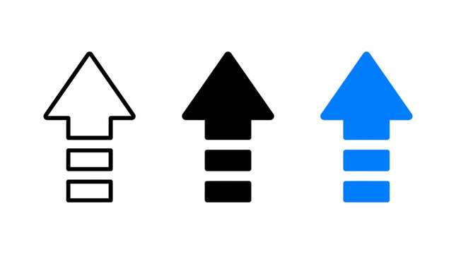 Set of three upload arrow icons in outline, solid black and blue styles on white background, perfect for user interface design, digital website navigation and mobile application development