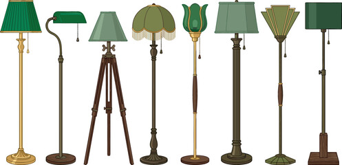 Vintage floor lamp vector collection featuring classic antique lighting fixtures with green shades bronze bases art deco shapes and wooden tripod stands for interior decor © MdShakib