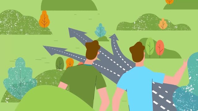 Two Men Standing at Crossroads and Choosing Different Paths Career Choice Animation