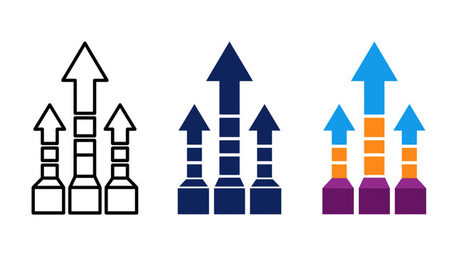 Set of three upward growth arrow charts with segmented column blocks in outline, solid and colorful styles, perfect for business presentations, financial reports and infographic design