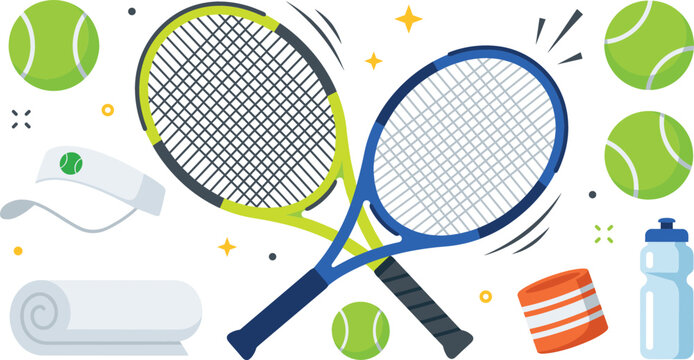 Tennis equipment flat vector set with rackets yellow balls water bottle sun visor wristband and towel isolated on white background illustration
