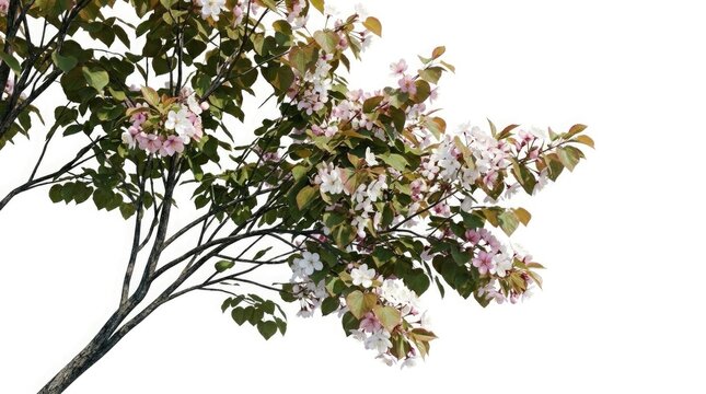 Blooming tree branch with pink and white flowers on white background