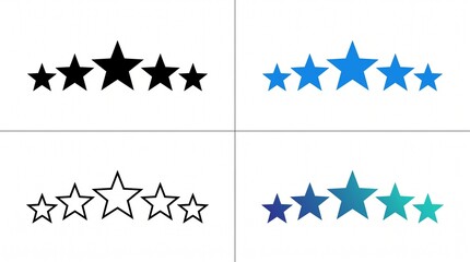 Fototapeta premium Set of five star rating icons in solid, outline, blue and gradient styles on white background, perfect for customer feedback systems, product reviews and business reputation marketing