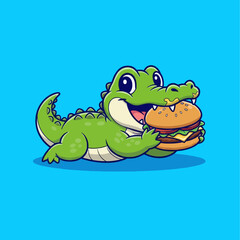 Fototapeta premium Cute cartoon alligator eating a delicious hamburger.