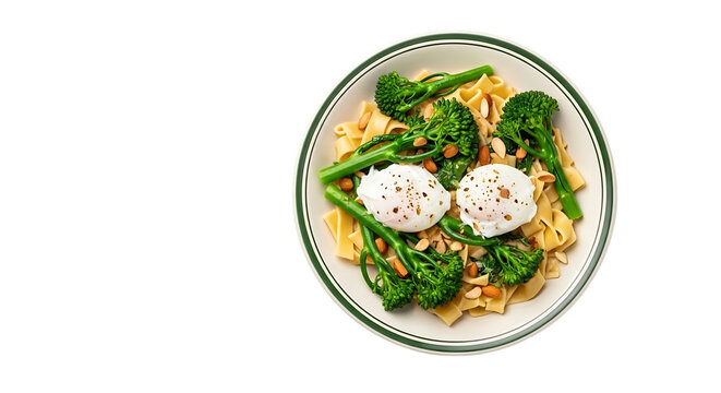 Pasta dish with poached eggs and broccolini on transparent background noodles food cuisine meal lunch dinner