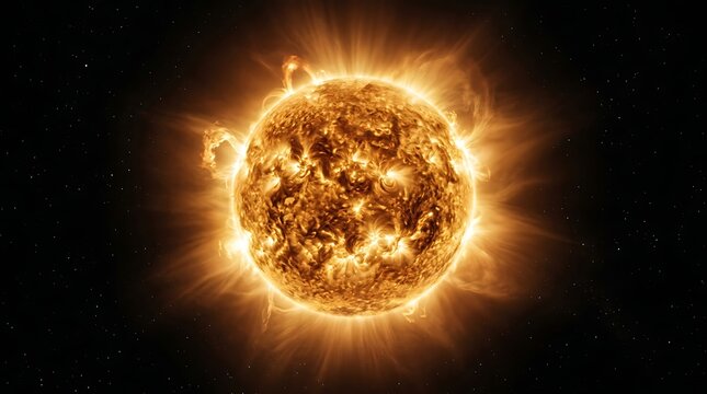 Glowing sun sphere with radiant corona in deep space cosmic background