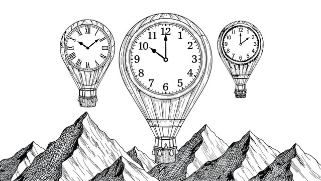 Three hot air balloons with clocks in sky above mountains.
