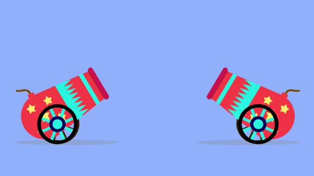 Two colorful circus cannons facing each other and shooting sparks on a plain blue background.