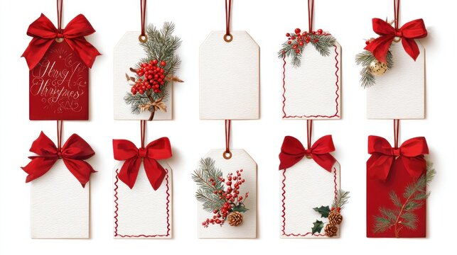 Decorative gift tags with red bows and festive christmas elements