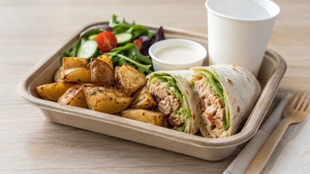 Hearty Chicken Wrap Meal. Delicious chicken wrap with roasted potatoes, fresh salad, and dipping sauce. A convenient and satisfying meal for any occasion.