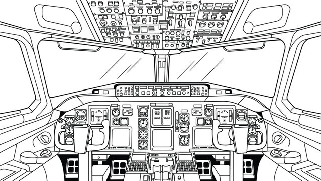 Professional airplane cockpit interior line drawing showing flight controls dashboard instruments and navigation equipment for pilot training educational purposes.