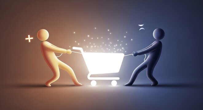 Two Abstract Figures Pulling a Glowing Shopping Cart Representing Consumer Choice and Market Competition