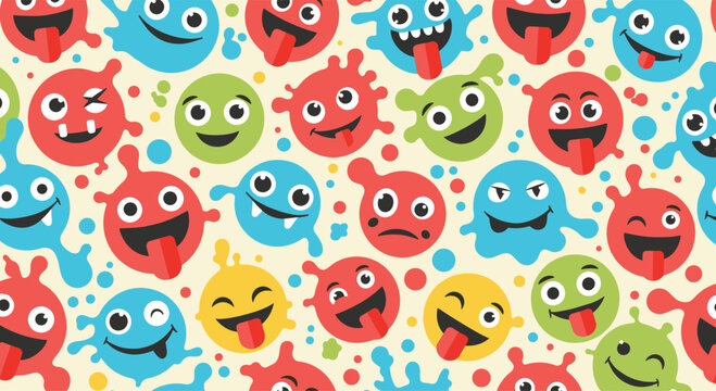 Playful seamless pattern of colorful germ or bacteria characters with various funny expressions, faces, and googly eyes on cream.