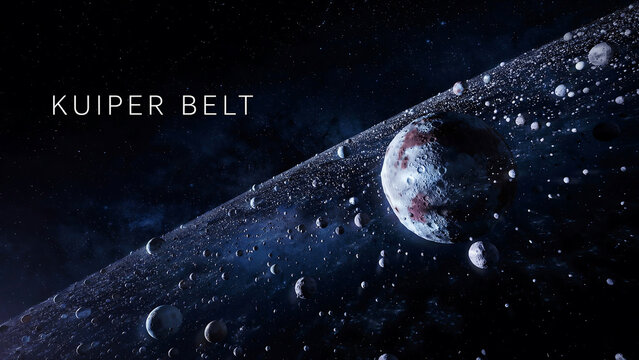 Kuiper Belt region in outer solar system with many small icy bodies and celestial objects floating in space